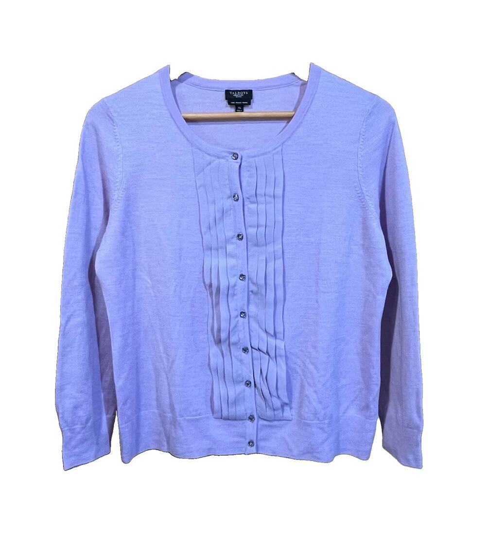 Talbots Cardigan Sweater Pure Italian Merino Wool Petite XL Purple Mature Preppy